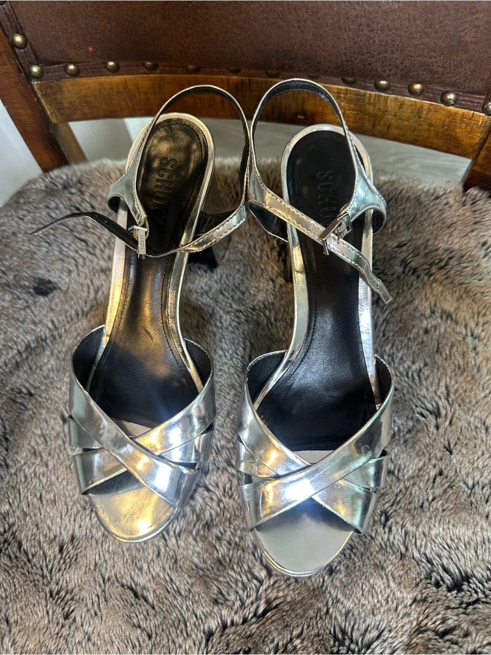 SCHUTZ KEEFA Heels Metallic Silver Disco Strappy Size 10B